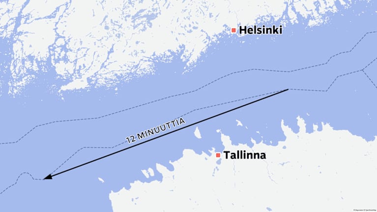 Kartta, joka havainnollistaa Venäjän ilmatilaloukkauksen Viron puolella 12 minuutin ajan.