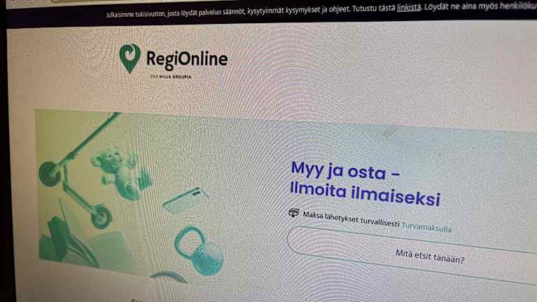 Kuvassa on RegiOnline-verkkosivuston etusivu, jossa näkyy palvelun logo ja teksti "Myy ja osta - Ilmoita ilmaiseksi".