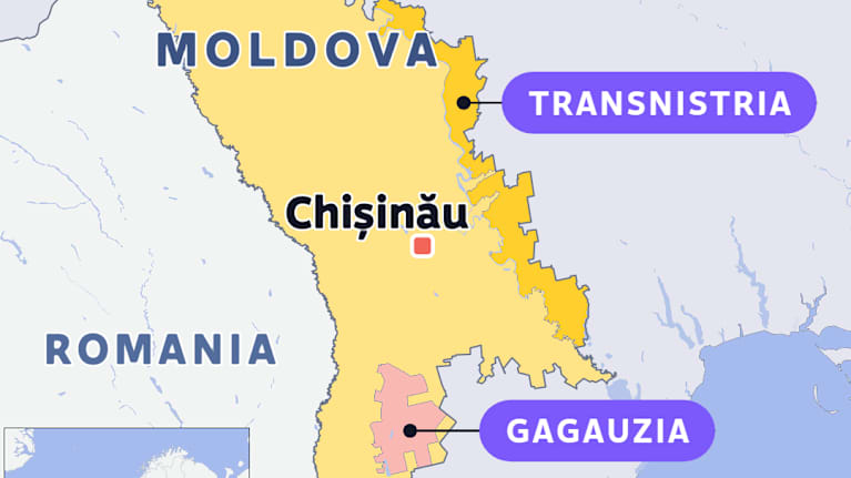 Kartalla Moldova, sen pääkaupunki Chișinău, Transnistria ja Gagauzia.