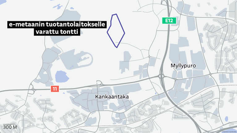 Kartta, jossa näkyy e-metaanin tuotantolaitokselle varattu tontti.