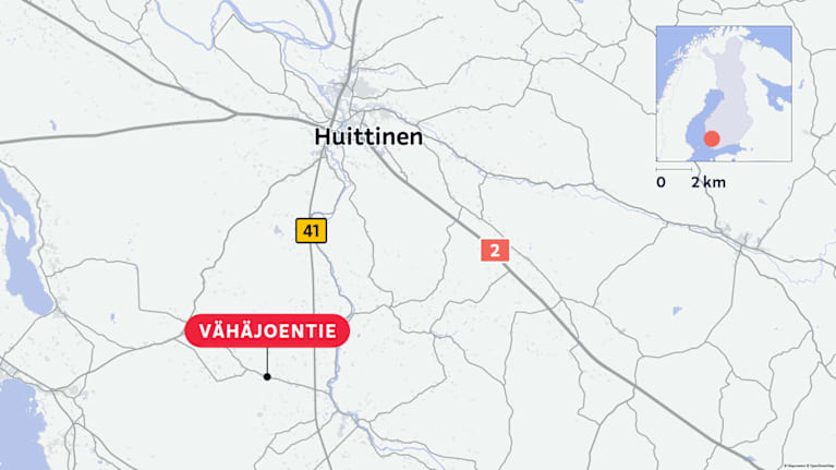 Karttaan merkittynä Vähäjoentie Huittisissa.