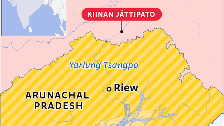 Kartalla näkyy Yarlung Tsangpo -joki Kiinan ja Intian välillä, johon molemmat maat suunnittelevat omaa patoaan.
