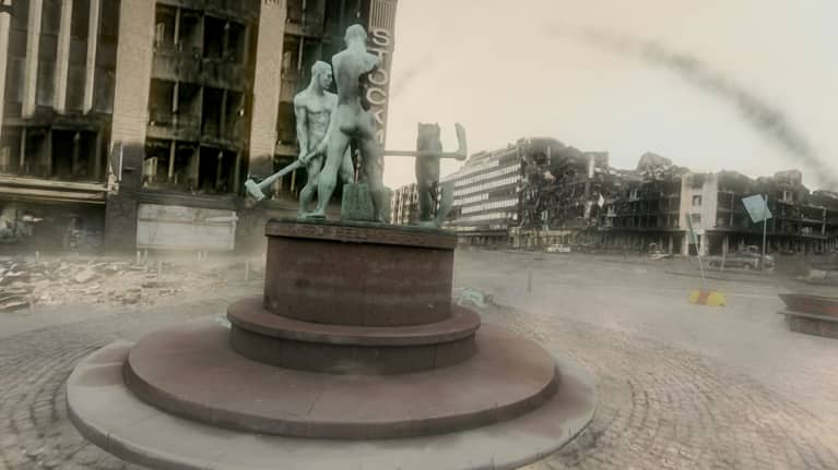 Virtuaalitodellisuusmaisema tuhoutuneesta Helsingistä.