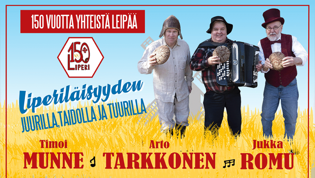 Esityksen mainoskuva, jossa Munne, Tarkkonen ja Romu poseeraavat maalaishenkisissä vaatteissa viljapellossa.
