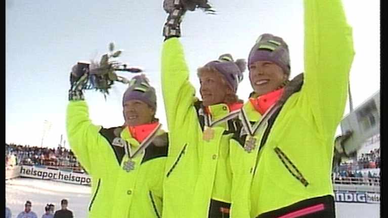 Pirkko Määttä, Marja-Liisa Kirvesniemi ja Marjo Matikainen Lahden MM-kisoissa 1989