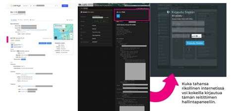 Nyt ei ole kaikki hyvin. Kuva esittää Asus-reitittimen internetiin auki olevan etähallinnan. Rikollinen voi siis yrittää kirjautua reitittimen hallintapaneeliin. Tällaisia avoimia Asuksen verkkolaitteita on Suomessa Censys-palvelun mukaan yli 8400 kappaletta.