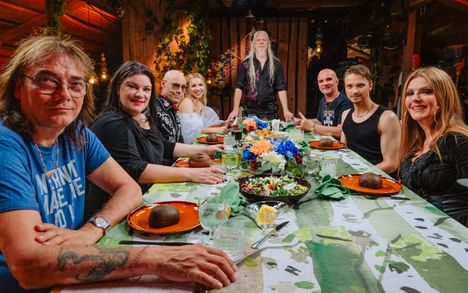 Vain elämää -sarjan 15. kausi esitettiin syksyllä 2024. Kuvassa kauden tähdet Costello (vas.), Hanna Pakarinen, Jussi Rainio, Ilta, Marko Hietala, Waldo, Roope Salminen ja Eini.