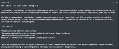 Pimeässä verkossa oleva mainos turvakameran hakkerointivälineestä.