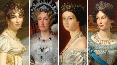 Kuningatarpuoliso Hortense (vas.), kuningatar Maria Amalia, keisarinna Eugenie ja Marie Louise.
