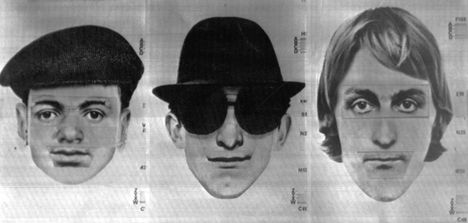 Silminnäkijöiden kuvauksiin perustuvat kuvat Wienissä tapahtuneen suurlähettilään murhan tekijöistä.