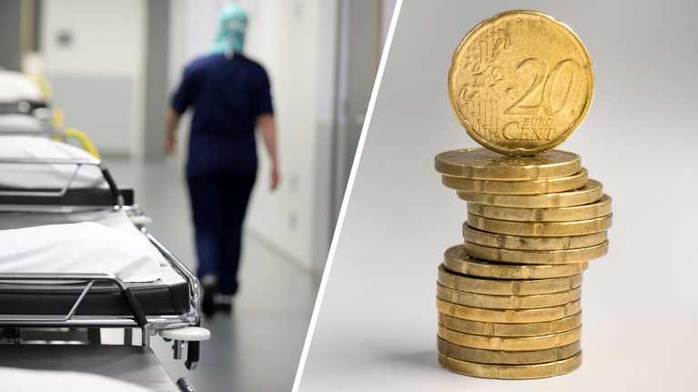 Kahden kuvan kollaasi. Toisessa anonyymi hoitaja kävelemässä sairaalan käytävällä ja toisessa pino 20 sentin kolikoita.