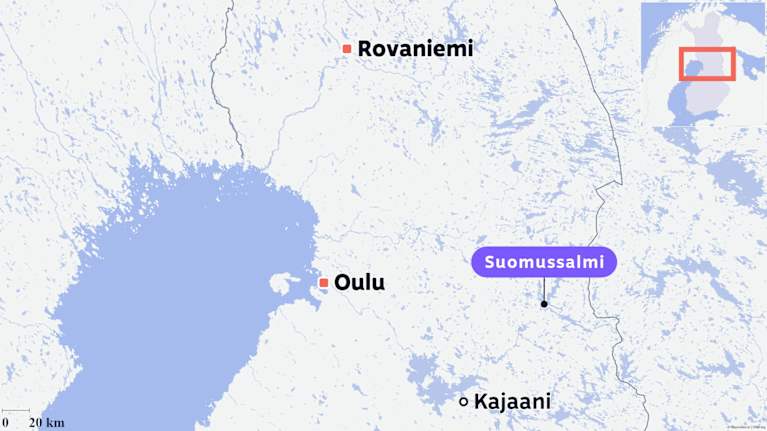 Karttagrafiikka, jossa näkyy Suomussalmen sijainti Suomen kartalla, sekä Kajaani, Oulu ja Rovaniemi.