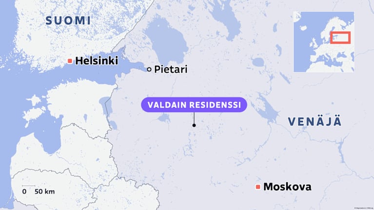 Kartta, jossa osoitettu Valdai.