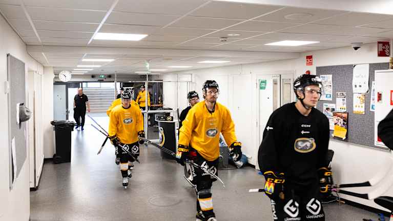 jääkiekkoilijoita käytävällä siirtymässä kaukaloon.