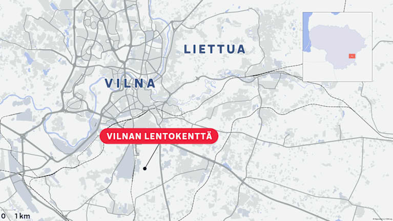Kartta, jossa näkyy Vilnan kaupunki ja Vilnan lentokenttä.