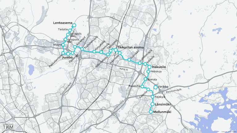 Vantaan ratikka. Pysäkkikartta.