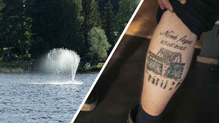 Vasemmalla suihkulähde järven rannassa, ja oikealla kuvassa on sääreen tatuoitu "Nevo foget" päivämäärällä "25.06.2023" sekä piirros suihkulähteestä.