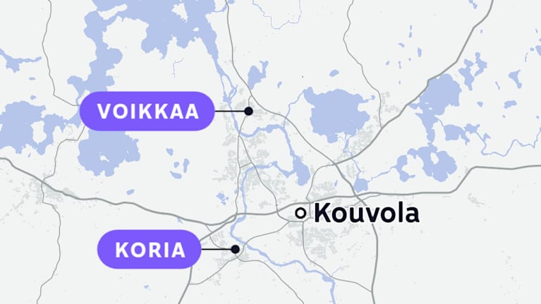 Kouvolan kartta, johon on merkitty Voikkaan ja Korian kaupunginosat.