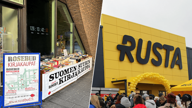Ett kollage bestående av två bilder, den ena på ingången till bokhandeln Rosebud, den andra på varuhuset Rusta.
