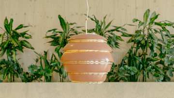 Pyöreä valaisin, joka roikkuu katosta vaaleassa huoneessa. Taustalla on rivi vihreitä huonekasveja.