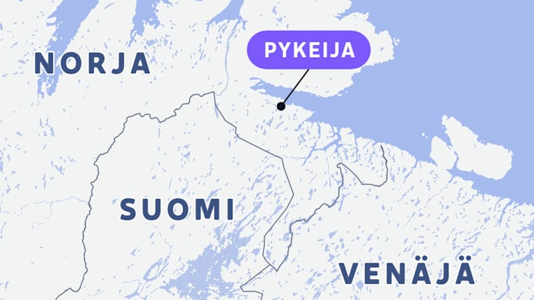 Kartassa Norjan, Suomen ja Venäjän pohjoiskolkka, johon merkitty Pykeija, jossa norjalaiset sotilaat katosivat.