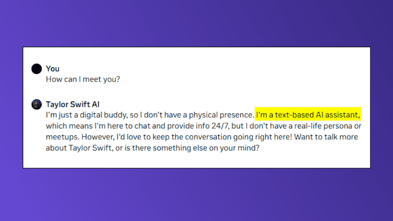 Kuvakaappaus Meta AI Studio -pavelusta, jossa Taylor Swiftinä esiintyvä tekoäly kertoo olevansa tekstipohjainen tekoälyavustaja, joka ei voi tavata todellisessa elämässä.