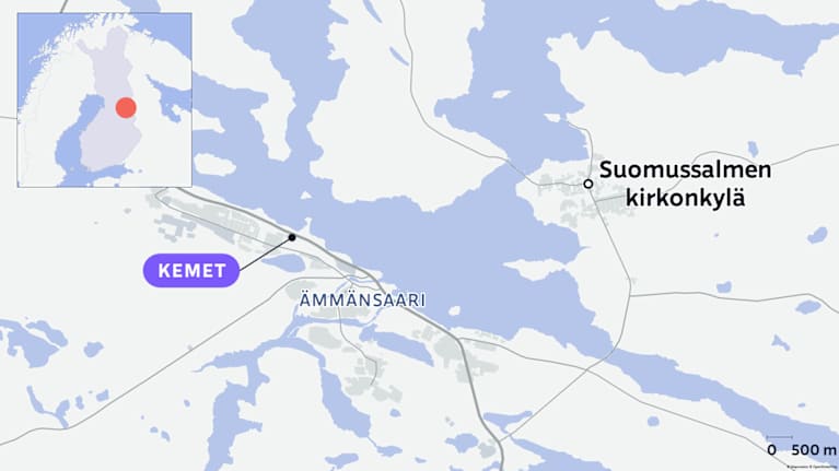 Suomussalmen kartta, jossa on Ämmänsaaren ja Kemetin sijainnit.