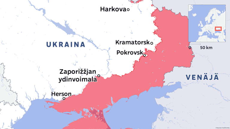 Karttaan merkittynä Zaporižžjan ydinvoimala ja rintamalinja.