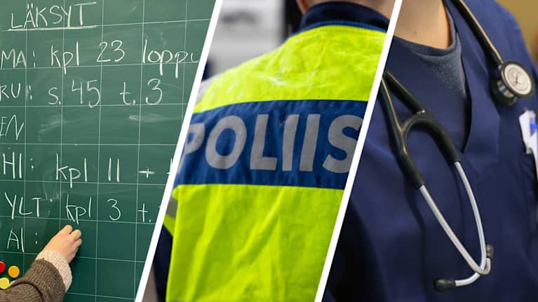 Kolmiosainen kollaasikuva, jossa liitutaululle kirjoittavan opettajan käsi, poliisin huomioliivin selkämys sekä stetoskooppi lääkärin kaulalla.