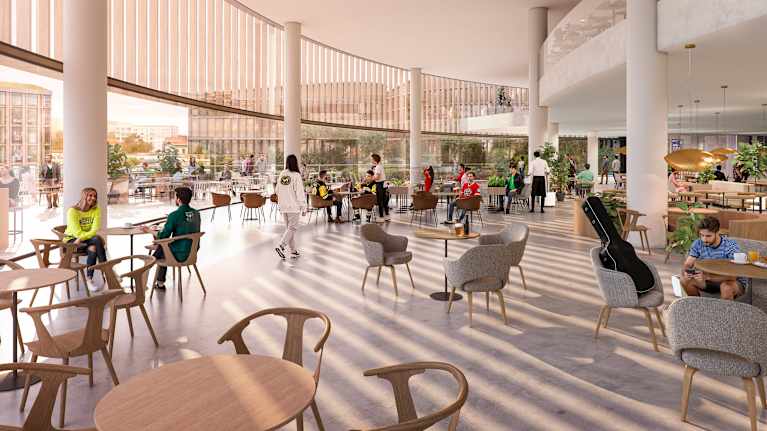 Havainnekuva Oulun areenan sisätiloista, joissa on ihmisiä.