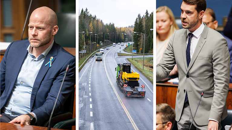 Kolmeen osaan jaettu kuva, jossa yhdessä vakavakasvoinen Aleksi Jäntti, yhdessä ysitien liikennettä ja yhdessä puheenvuoroa pitävä Jouni Ovaska.