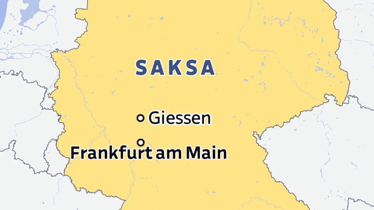 Saksan kartta, johon on merkitty Giessenin ja Frankfurt am Mainin kaupungit.