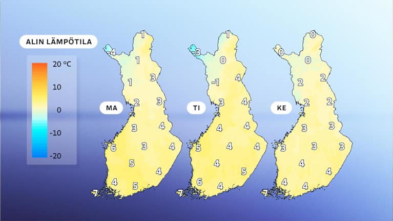 Yölämpötilaennuste alkavalle viikolle. Öisin lämpötila on vielä aavistuksen plussan puolella.