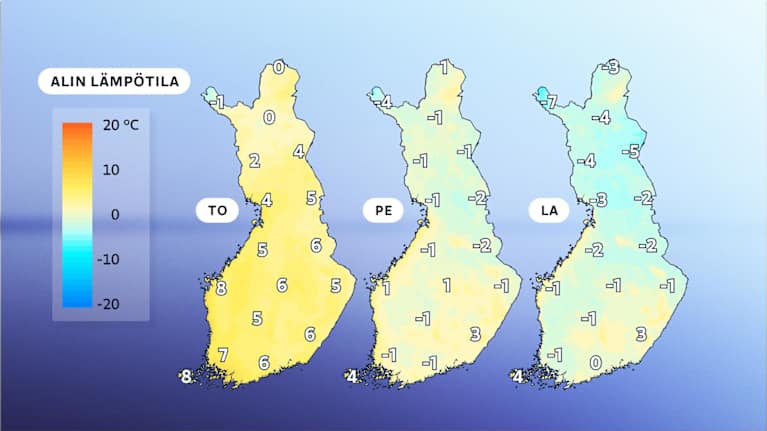 Yölämpötilaennuste ensi viikolle. Torstain jälkeen sää kylmenee. Öisin lämpötila laskee pakkaselle isossa osassa maata.