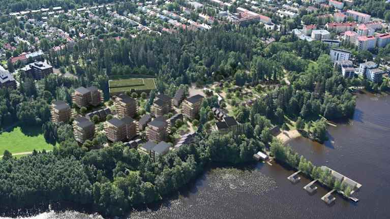 Havainneilmakuva Tampereen Härmälän ranta-alueen suunnittelukilpailu ehdotuksesta "Huvilaelämää",