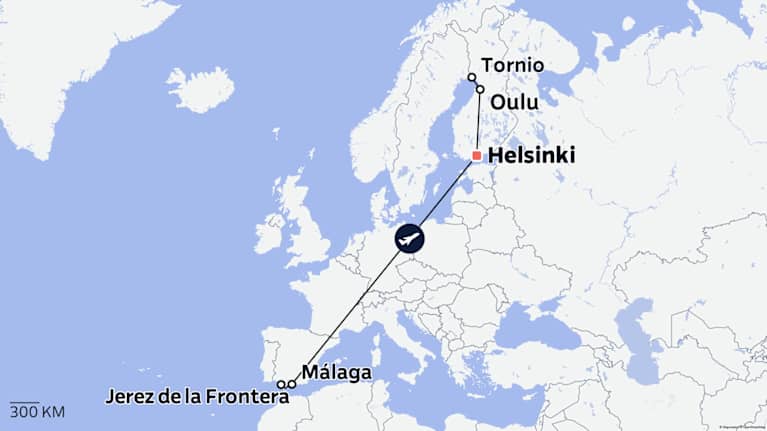 Kartta, joka kuvaa ajateltua mustahaikaran palautusreittiä Torniosta Jerez de la Frontera.
