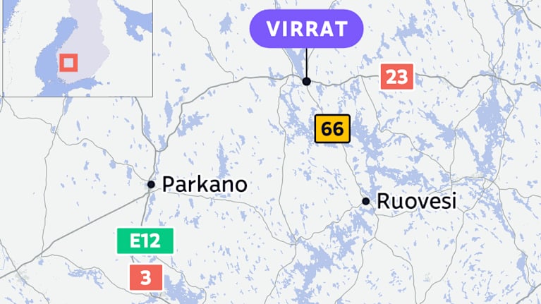 Kartta Virrat sijainnista Pirkanmaalla.