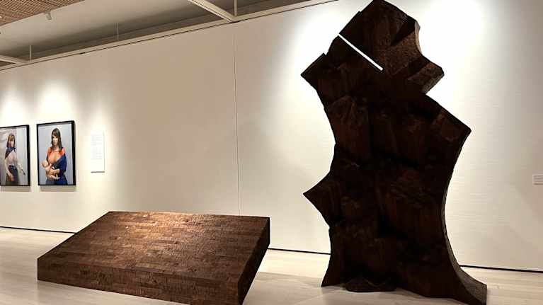 Maassa on ruskea puinen suorakaiteen muotoinen levy. Sen vieressä on ruskea puusta tehty veistos.