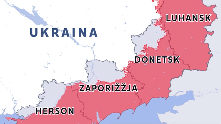 Kartalle merkittynä Luhanskin, Donetskin, Zaporižžjan ja Hersonin alueet Itä-Ukrainassa.