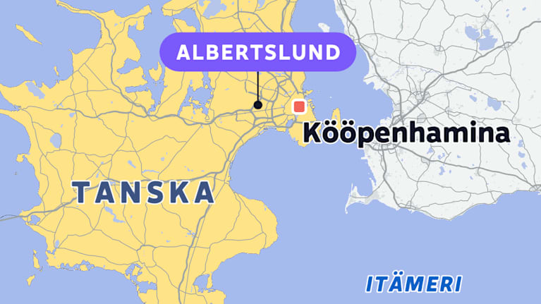 Kartta Albertslundin sijainnista Tanskassa 15 km Kööpenhaminan länsipuolella.