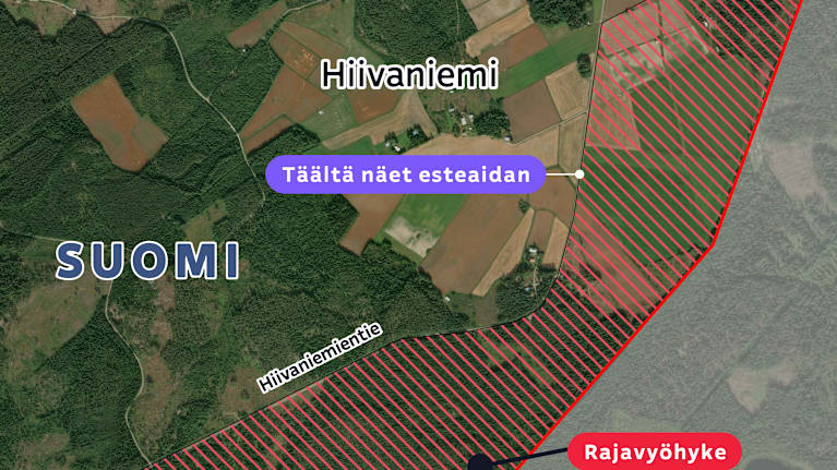 Kartta itärajalta missä on merkattu rajavyöhyke Hiivaniemen kohdalla.