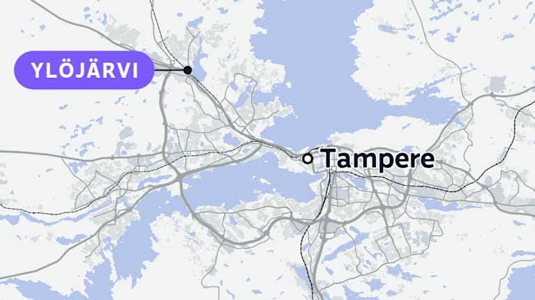 Karttaan merkitty Tampere ja Ylöjärvi, jossa junaonnettomuus.