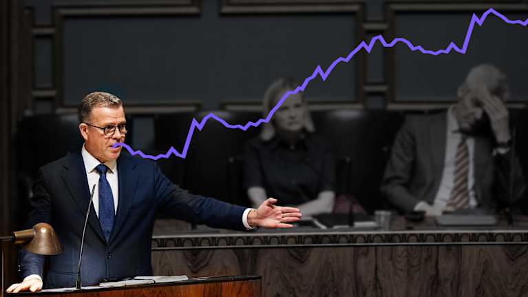 Kuvassa Orpo puhuu Eduskunnassa. Kuvaan on lisätty talouskäyrä.