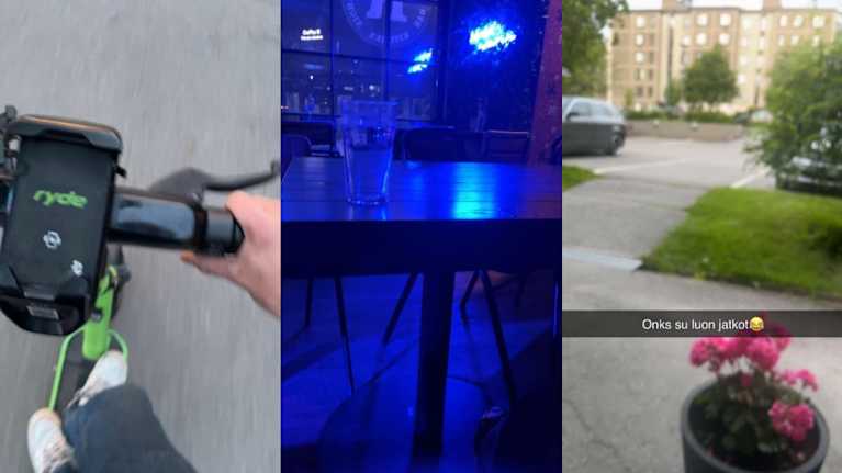 Kolme kuvaa vierekkäin. Ensimmäisessä kuva skuutin kyydistä. Toisessa baaritiskillä tuoppi. Kolmas kerrostalon pihalta.