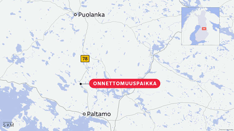 Kartta, josta näkyy onnettomuuspaikka, jossa puolustusvoimien ajoneuvo törmäsi henkilöautoon tiellä 78. 