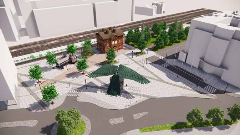 Korppi-taideteos Vantaan kaupunginmuseon edustalla on laajemman teossarjan ensimmäinen osa. Havainnekuva.