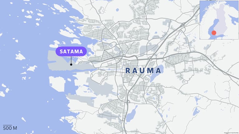 Kartta, johon merkitty Rauman kaupunki ja satama.