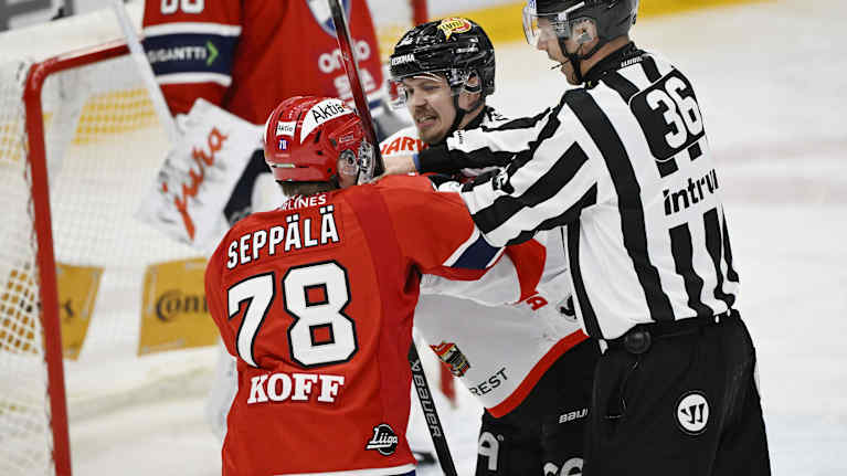 HIFK:n ja JYPin pelaajat painivat tuomarin tullessa väliin.