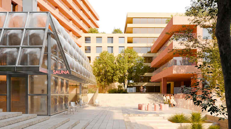 Havainnekuva, jossa puistomainen aukio, jonka laidalla lasiseinäinen saunarakennus.