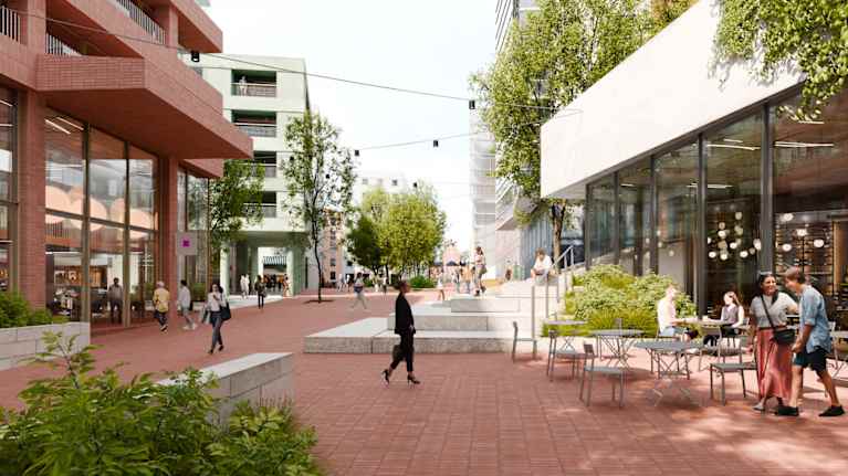 Havainnekuva, jossa puistomainen aukio.